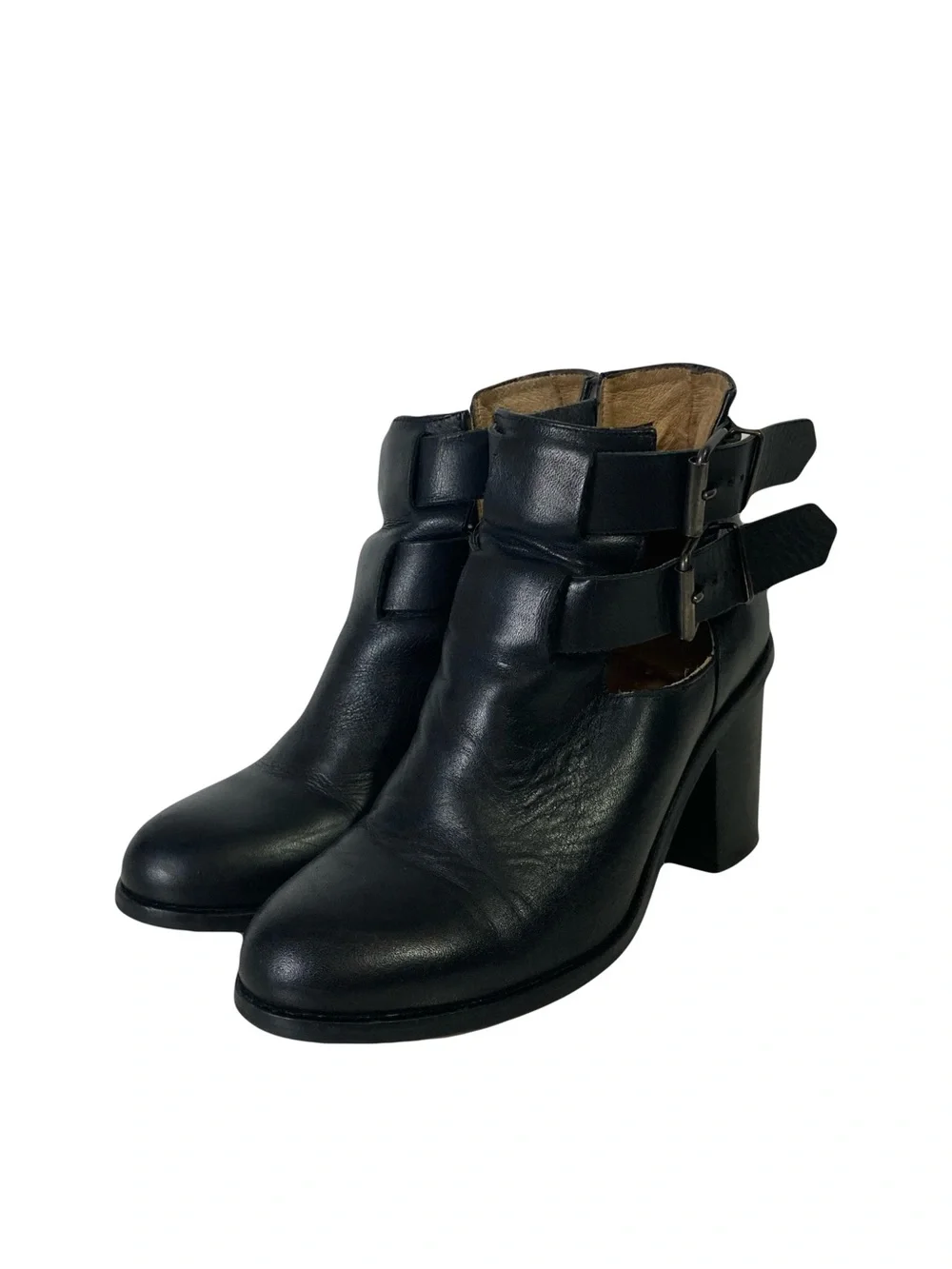 OFFICE LONDON Boots EU 37/US 7 Black Leather 2-Straps Buckle Stack Block Heel